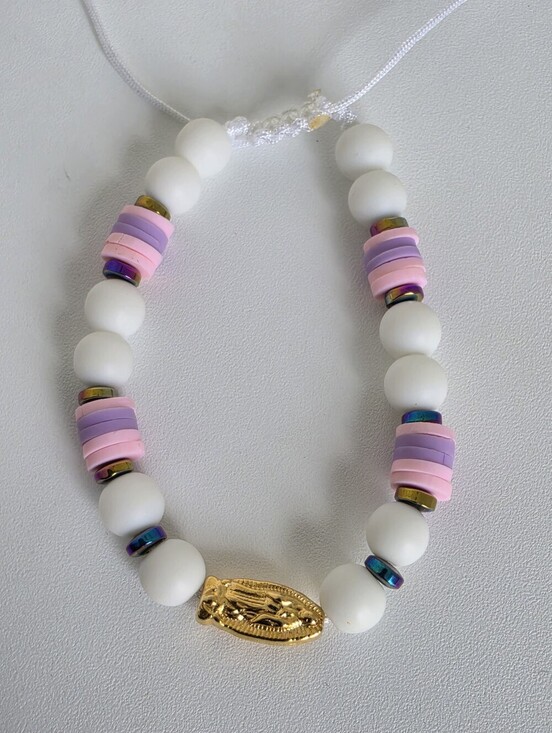 Handmade Jewelry - Handmade Adjustable Our Lady of Guadalupe Bracelet White Pink Lilac Beads